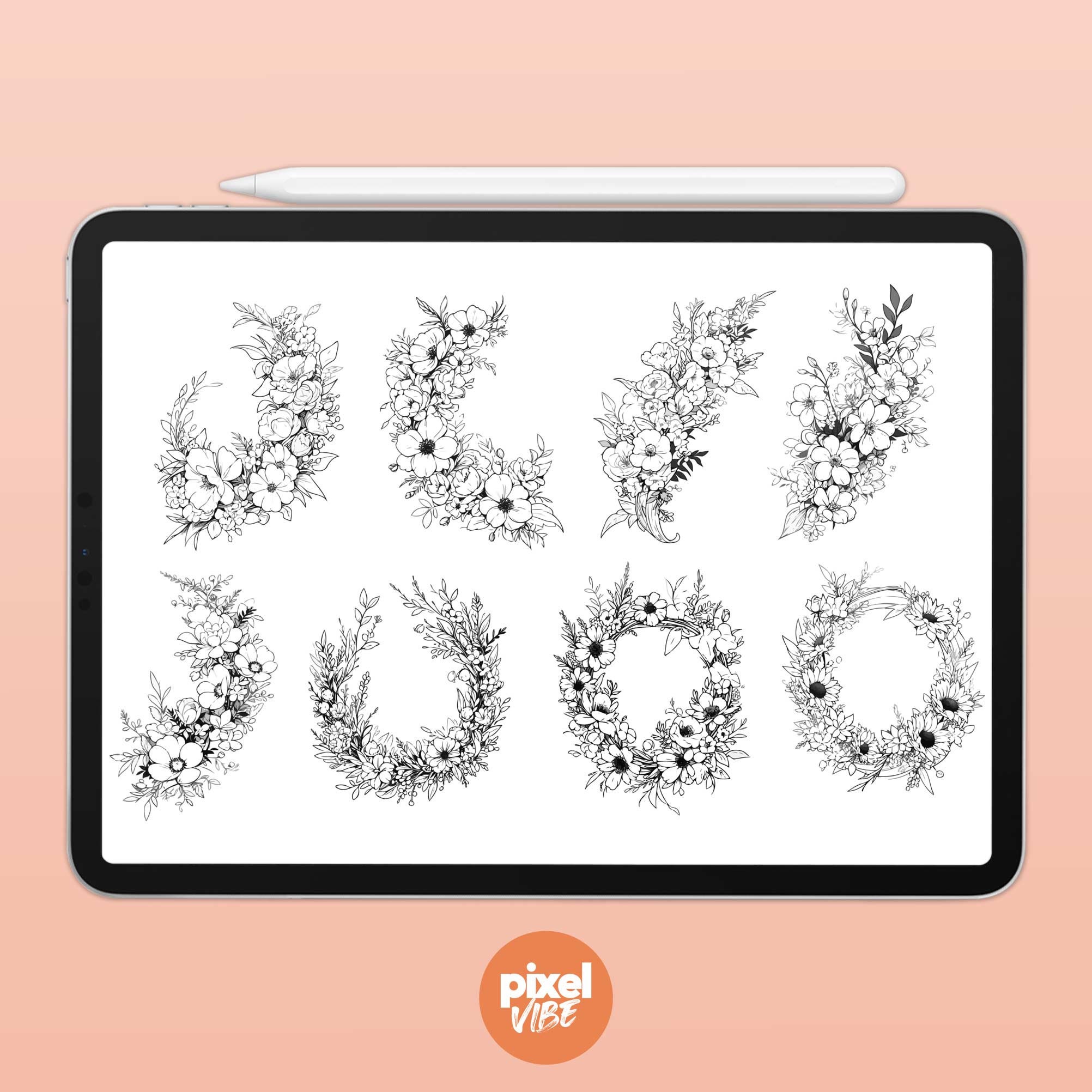 32 Floral Wreath Stamp Brushes for Procreate - Flower Stamp Set ...