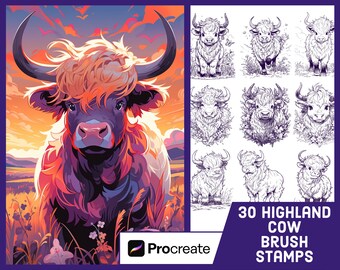 30 Highland Cow-stempelborstels voor voortplanting - Koe-illustratieborstelpakket