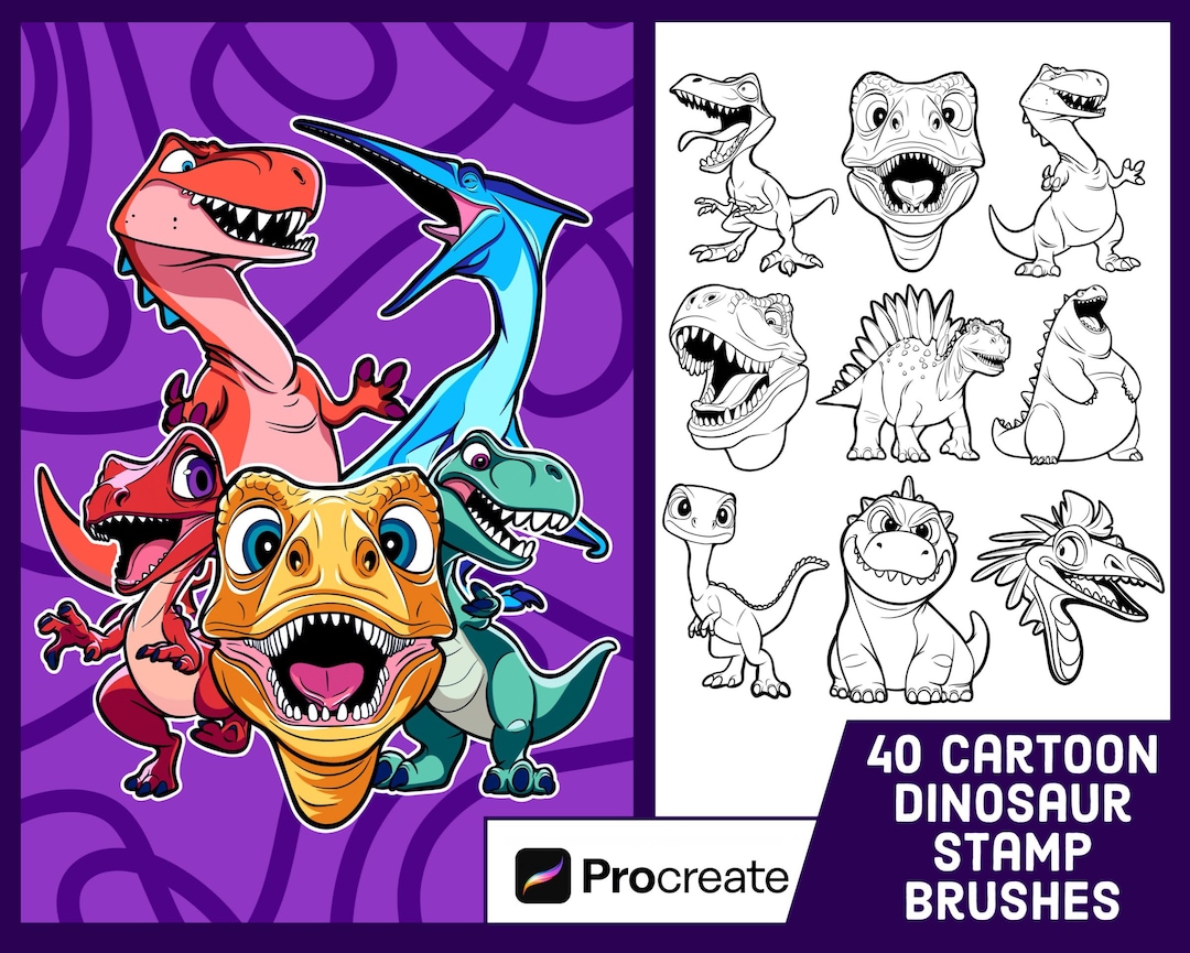 40 Cartoon Dinosaur Stamp Brushes for Procreate - T-rex Illustration ...