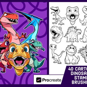 40 Cartoon Dinosaur Stamp Brushes For Procreate - T-Rex Illustration Brush Pack
