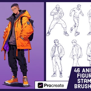 May include: A set of 46 Procreate brushes featuring anime figure stamps. The brushes are designed to help artists create anime characters in various poses. The image shows a sample character wearing a black and orange jacket.