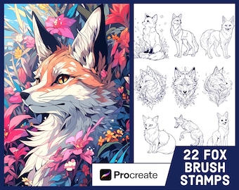 22 Fox Stamp Brushes For Procreate - Tattoo Illustration Brush Pack