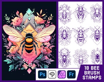18 Bee Stamp Brushes For Photoshop, Clip Studio Paint, Affinity Photo, ABR Brushes