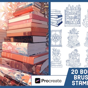 Puede incluir: Un conjunto de 20 sellos de pincel de libro digitales para Procreate. Los sellos presentan varias pilas de libros, una estantería y un libro con un diseño de pentagrama. Los sellos están en un estilo de dibujo de línea.