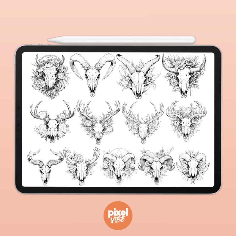 May include: A digital illustration of 16 different skull designs with floral accents. The skulls are drawn in black and white and feature various animal skulls, including deer, ram, and goat skulls.