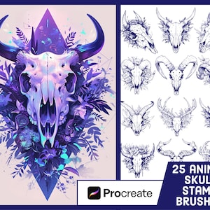 25 Animal Skull Stamp Brushes For Procreate - Tattoo Illustration Brush Pack