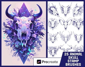 Può includere: Un set di 25 pennelli Procreate con teschi di animali con accenti floreali. I pennelli sono progettati per l'arte digitale e l'illustrazione. L'immagine mostra un teschio colorato con fiori e foglie, e una griglia di 25 illustrazioni di teschi di animali in bianco e nero.
