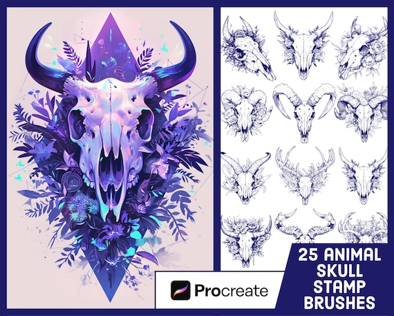 25 Animal Skull Stamp Brushes For Procreate - Tattoo Illustration Brush Pack