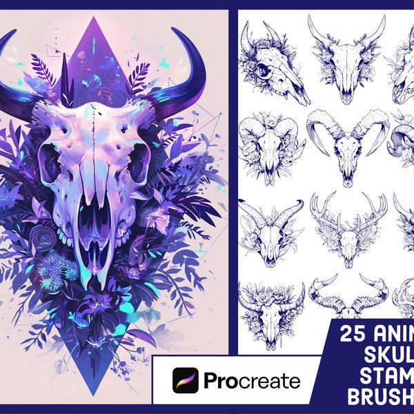 25 Animal Skull Stamp Brushes For Procreate - Tattoo Illustration Brush Pack