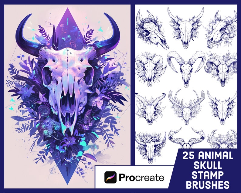 May include: A set of 25 Procreate brushes featuring animal skulls with floral accents. The brushes are designed for digital art and illustration. The image shows a colourful skull with flowers and leaves, and a grid of 25 black and white animal skull illustrations.