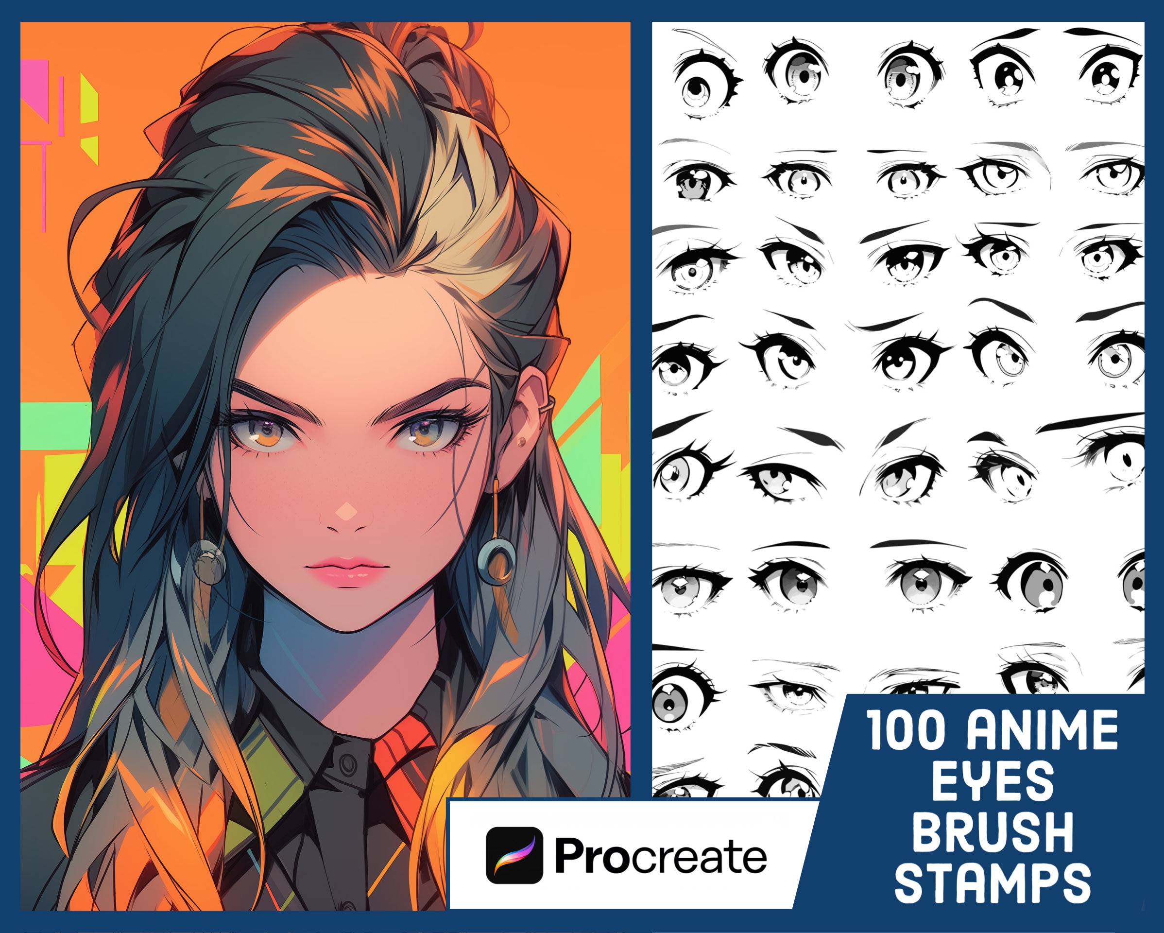 100 Anime Eyes Stamp Brushes for Procreate – Manga-Style Eye Stamps Set with Bonus Brushes