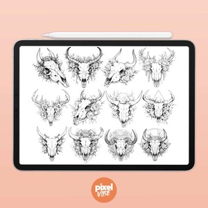 May include: A digital illustration of 12 different black and white skull designs. Each skull is surrounded by floral elements and some have antlers or horns.