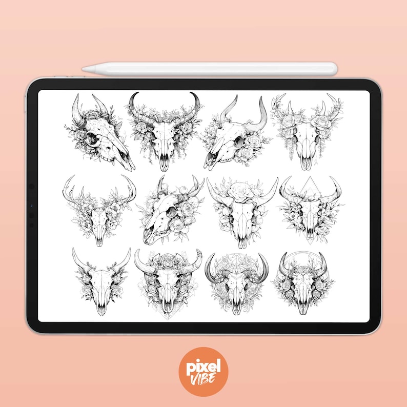 May include: A digital illustration of 12 different black and white skull designs. Each skull is surrounded by floral elements and some have antlers or horns.