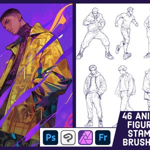 46 Männliche Anime Figur Stempel Pinsel Für Photoshop, Clip Studio Paint, Affinity Photo, ABR Pinsel, Manga Pose Brush Set