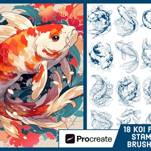 18 Koi Fish Stamp Brushes för Procreate - Japansk illustrationsborstepaket