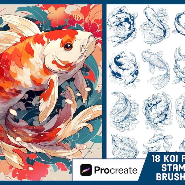 18 Koi Fish Stamp Brushes For Procreate - Japanese Illustration Brush Pack