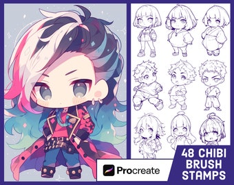 48 Chibi V2 Character Guide Stamp Brushes For Procreate - Anime Illustration Brush Pack