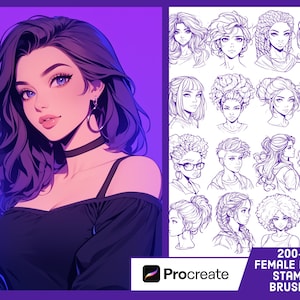 200+ Female Head Stamps for Procreate, Women’s Hair Procreate, Girl Portrait Guide Brushes Pack
