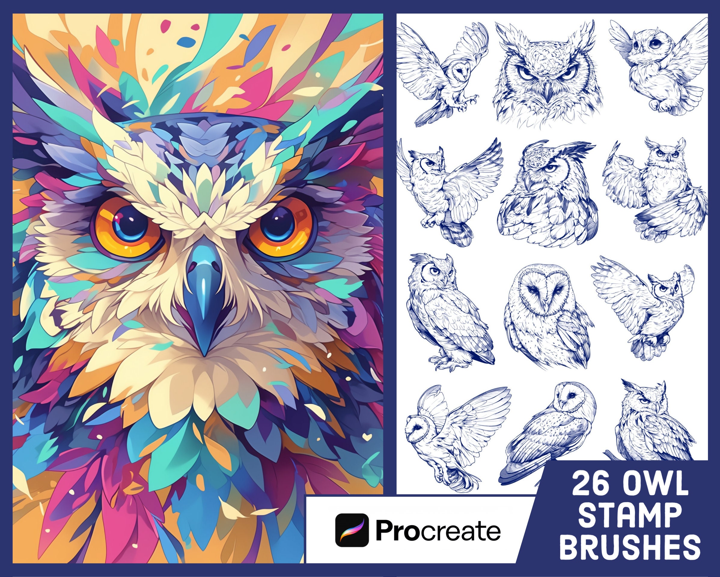 26 Owl Stamp Brushes For Procreate - Animal Illustration Brush Pack