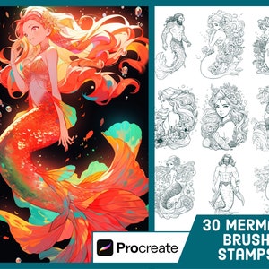 30 Mermaid Stamp Brushes For Procreate - Merman Stamp Set - Illustration Drawing Pack