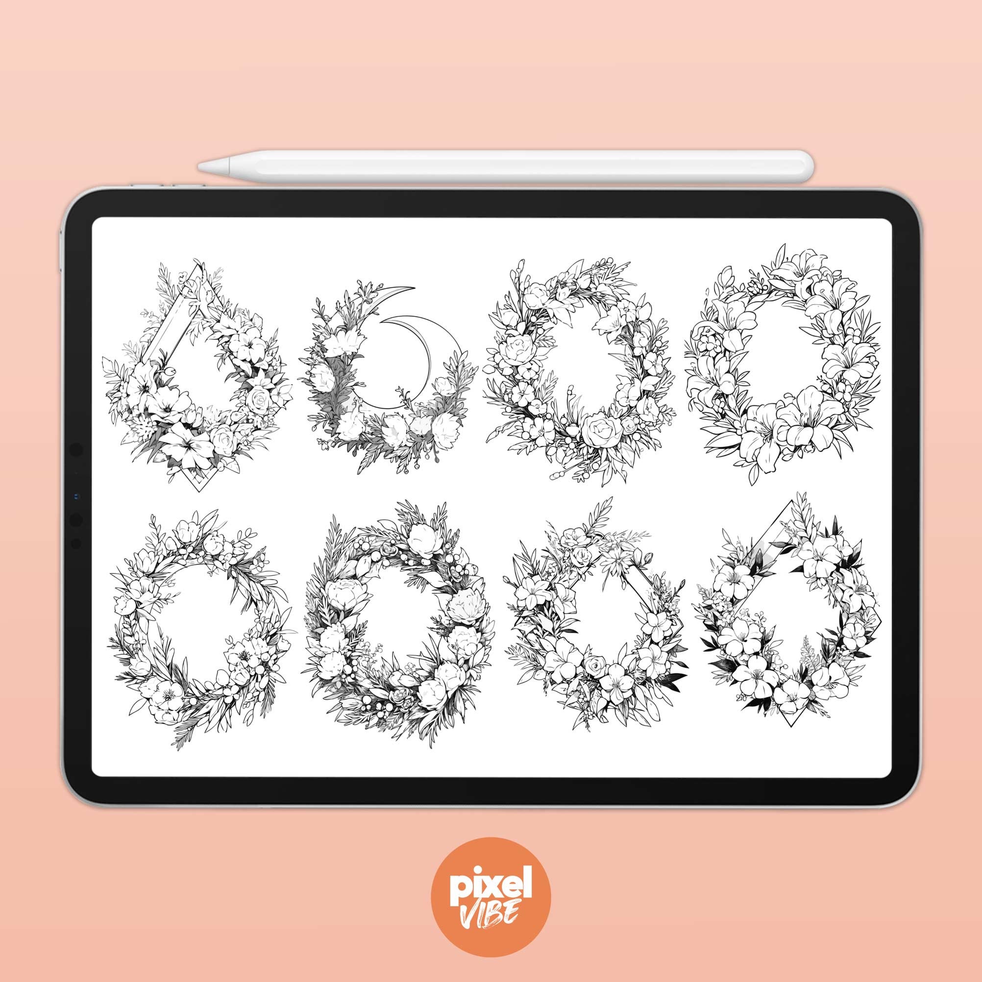 32 Floral Wreath Stamp Brushes for Procreate - Flower Stamp Set ...
