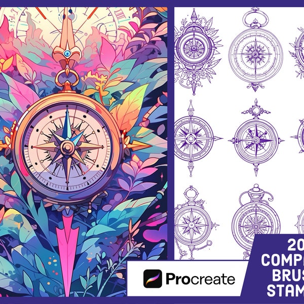 20 Compass Stamp Brushes For Procreate - Tattoo Illustration Brush Pack