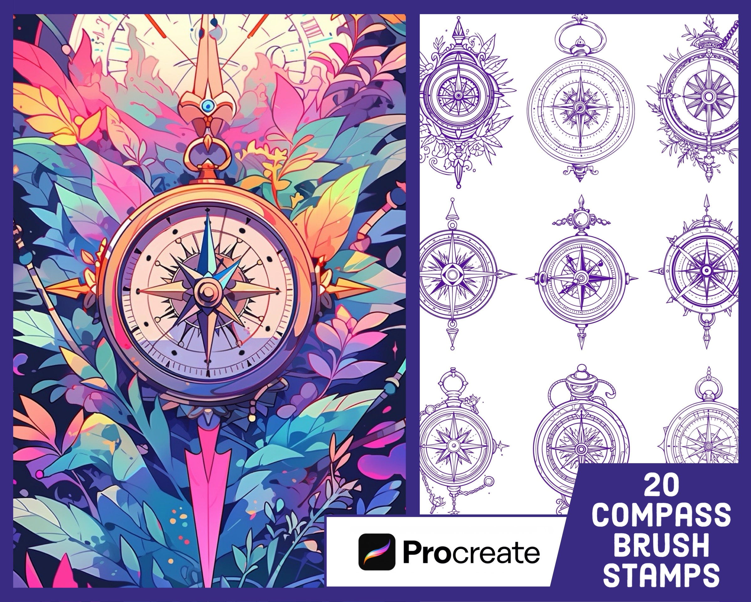 20 Compass Stamp Brushes For Procreate - Tattoo Illustration Brush Pack
