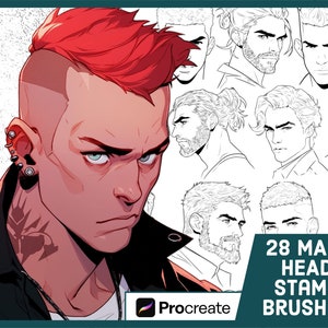 28 Male Head Stamp Brushes for Procreate - Men Portrait Stamp Set - Comic Book Characters - Line Art Manga Anime Brush Set