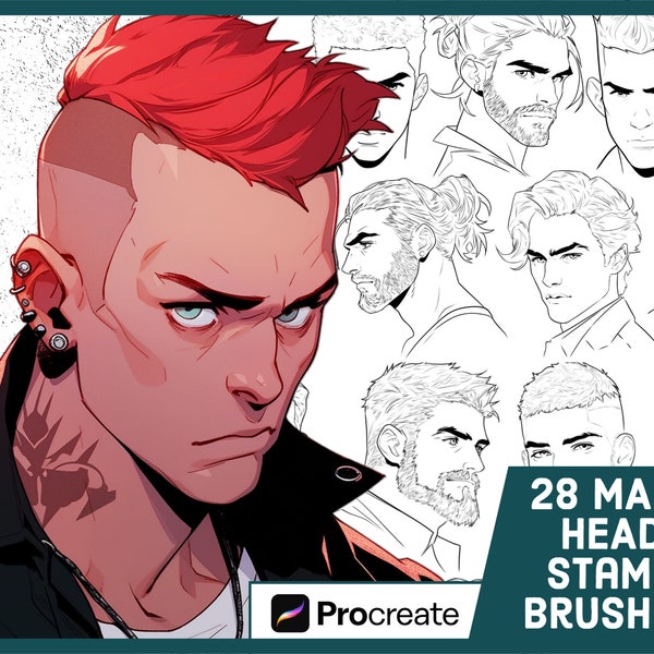 28 Male Head Stamp Brushes for Procreate - Men Portrait Stamp Set - Comic Book Characters - Line Art Manga Anime Brush Set