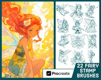 Könnte beinhalten: Ein Set mit 22 digitalen Feen-Stempelpinseln für Procreate. Die Pinsel zeigen verschiedene Feendesigns, darunter Feen mit Flügeln, Blumen und andere fantasievolle Elemente. Die Pinsel sind perfekt, um deiner digitalen Kunst einen Hauch von Magie zu verleihen.