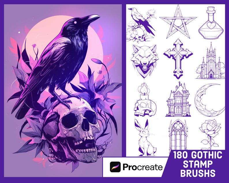 May include: A set of 180 gothic stamp brushes for Procreate, featuring a variety of designs including a raven, skull, cross, wolf, and more. The brushes are in a black and white line art style.