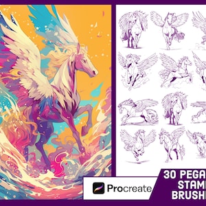 May include: A set of 30 Procreate stamp brushes featuring a colorful illustration of a pegasus with wings and a flowing mane. The brushes are designed to create a variety of pegasus designs, from simple outlines to detailed illustrations. The text "30 PEGASUS STAMP BRUSHES" is displayed at the bottom of the image.