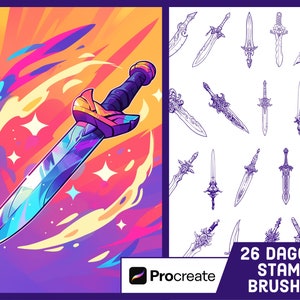 May include: A set of 26 digital Procreate brushes featuring dagger designs. The brushes are black and white and have a variety of styles. The image also shows a single dagger brush in use on a colorful background.