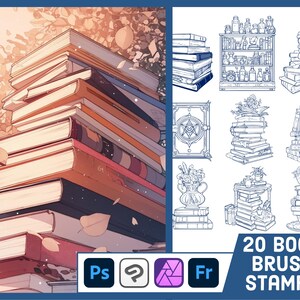 May include: An image featuring a large stack of books with colorful covers, and a collection of 20 book brush stamps. The brush stamps are black and white illustrations of various book arrangements and related objects. The text "20 BOOK BRUSH STAMPS" is visible.