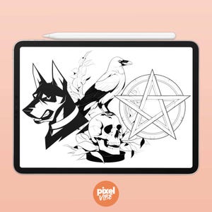 May include: Black and white line art illustration of a dog, a crow, a skull, and a pentagram. The dog is looking to the left, the crow is perched on the skull, and the pentagram is in a circle.