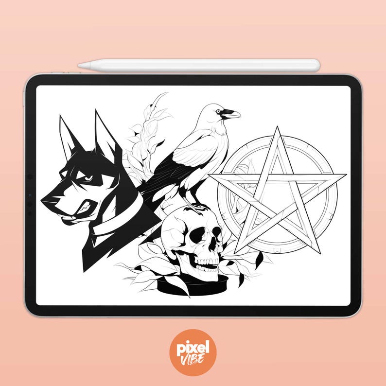May include: Black and white line art illustration of a dog, a crow, a skull, and a pentagram. The dog is looking to the left, the crow is perched on the skull, and the pentagram is in a circle.