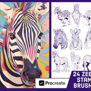 May include: A colorful zebra head illustration with a vibrant background. 24 zebra stamp brushes for Procreate are shown in the image. The brushes include a variety of zebra poses, including running, standing, and headshots.