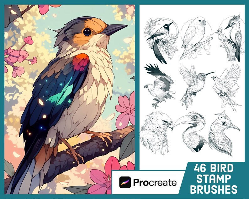 46 Bird Stamp Brushes for Procreate - Tattoo Illustration Brush Pack - Etsy