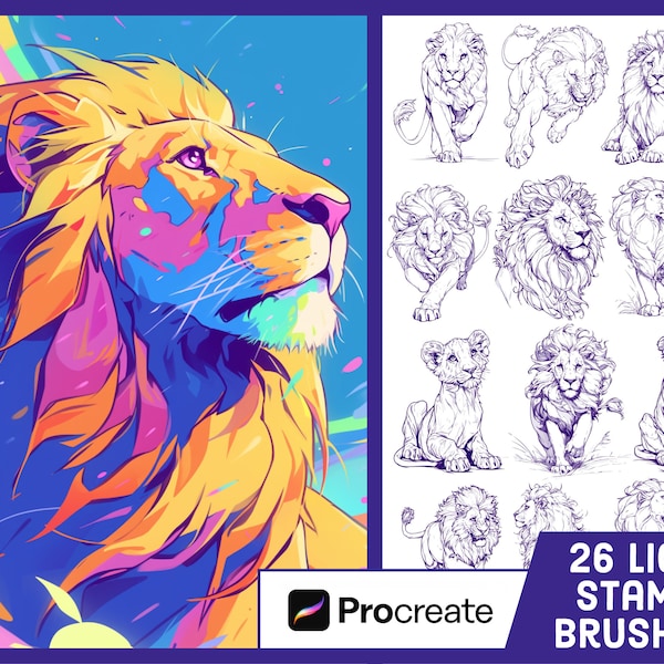 26 Lion Stamp Brushes For Procreate - Animal Illustration Brush Pack
