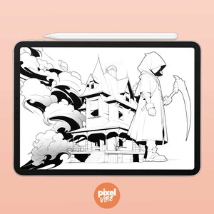 May include: Black and white line art illustration of a spooky house with a hooded figure holding a scythe standing in front of it. The house has a porch and a large window. The figure is wearing a long robe and has a hood pulled over their head. The background is filled with swirling clouds.