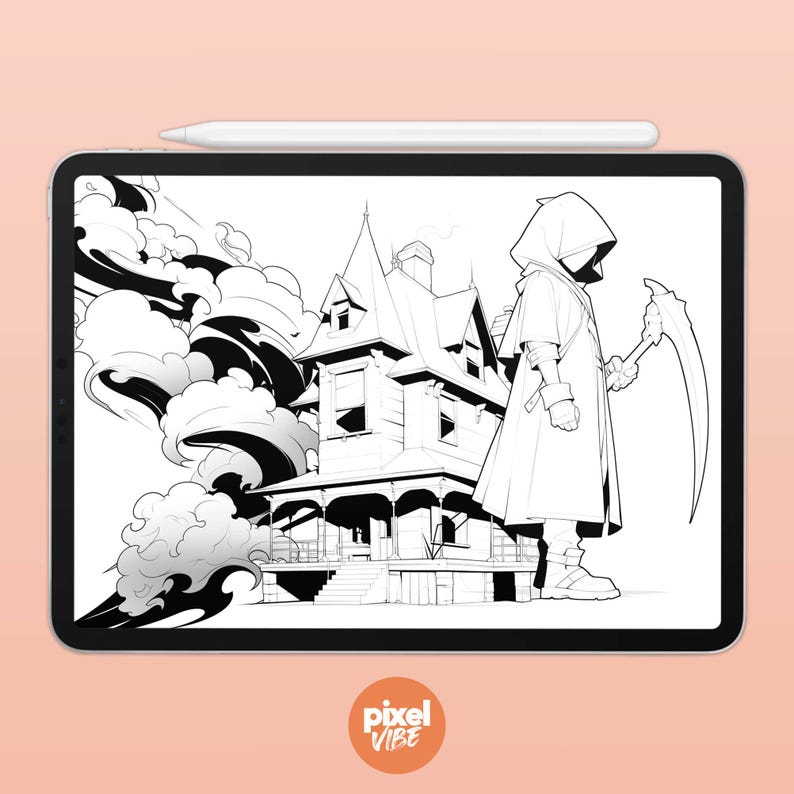 May include: Black and white line art illustration of a spooky house with a hooded figure holding a scythe standing in front of it. The house has a porch and a large window. The figure is wearing a long robe and has a hood pulled over their head. The background is filled with swirling clouds.