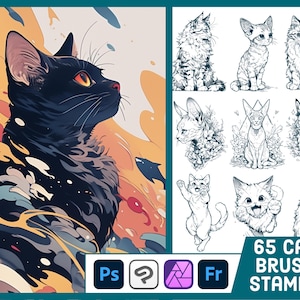 May include: Digital art featuring a black cat with orange eyes against a colorful abstract background. The image also includes several black and white cat illustrations and the text "65 CAT BRUSH STAMPS".