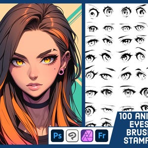 Może przedstawiać: Cyfrowa grafika przedstawiająca portret w stylu anime kobiety z żółtymi oczami i pomarańczowymi pasemkami we włosach. Obok kolekcja 100 stempli pędzli do oczu anime w czerni i bieli. Tekst brzmi "100 ANIME EYES BRUSH STAMPS".
