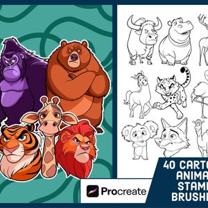 40 Cartoon Animal Stamp Brushes For Procreate - Wildlife Illustration Brush Pack