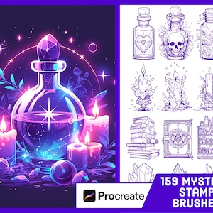 Puede incluir: Un conjunto de 159 pinceles de sello místicos para Procreate, con ilustraciones de botellas, velas, libros, cristales y otros elementos mágicos. Los pinceles están diseñados en un estilo de arte de línea en blanco y negro.