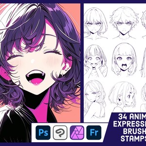 May include: Digital art featuring a smiling anime character with purple hair and a black outfit. The image includes a collection of anime expression brush stamps, with the text "34 ANIME EXPRESSION BRUSH STAMPS" and software icons for Photoshop, a question mark, and Affinity.