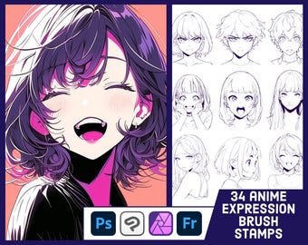 34 Anime Facial Expression Stamp Brushes For Photoshop, Clip Studio Paint, Affinity Photo, ABR Brushes, Manga Face Brush Set
