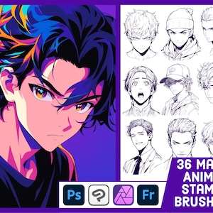36 Male Anime Portrait Stempel Pinsel Für Photoshop, Clip Studio Paint, Affinity Photo, ABR Brushes, Manga Head Brush Set