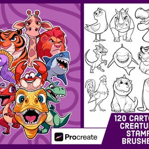 120 Cartoon Creature Stamp Brushes For Procreate - Animal Wildlife Illustration Brush Pack