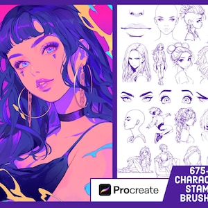 Peut inclure: Une illustration numérique d'une femme aux cheveux bleus sur un fond violet et rose. L'image représente un ensemble de pinceaux Procreate pour la conception de personnages avec plus de 675 tampons.